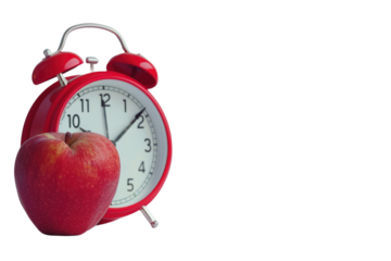 Red alarm clock with red apple and school supplies Return to the school concept On a white background