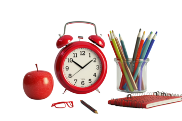 Red alarm clock with red apple and school supplies Return to the school concept On a white background