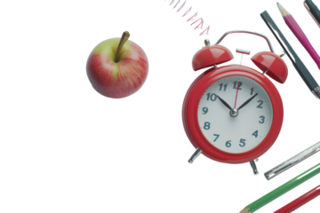 Red alarm clock with red apple and school supplies Return to the school concept On a white background
