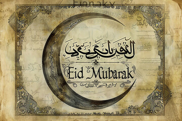 : An elegant poster featuring a retro-style parchment background, with a large, ornate crescent moon at the top. Below it, "Eid Mubarak"