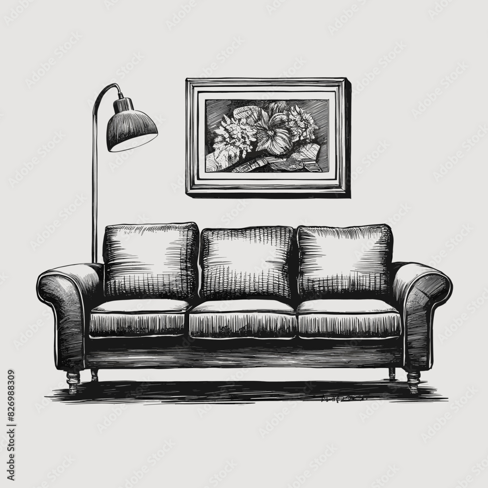 Wall mural Couch engraved style ink sketch drawing, black and white vector illustration