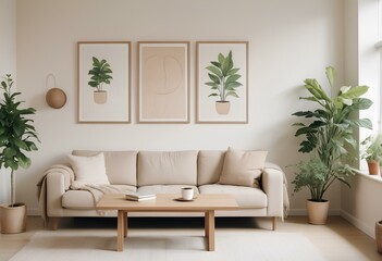 A modern, minimalist living room with a beige sofa, a wooden coffee table, and various decorative elements such as plants and wall art