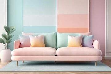 3d multicolored sofa, , pastel colors, gradient background.