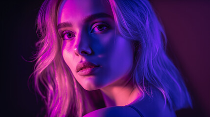 Obraz premium A beautiful blonde woman, half body shot, with neon purple lighting and glowing eyes