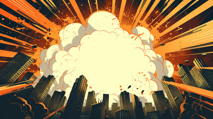 City in comic book style with explosion in the city with white speech bubble in center of frame