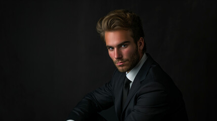 Obraz premium Handsome man in a suit, dark background, business portrait studio shot, sitting down, medium length brown hair and light beard stubble, confident expression, black tie