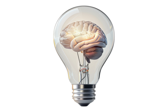 Brain inside a light isolated on white background