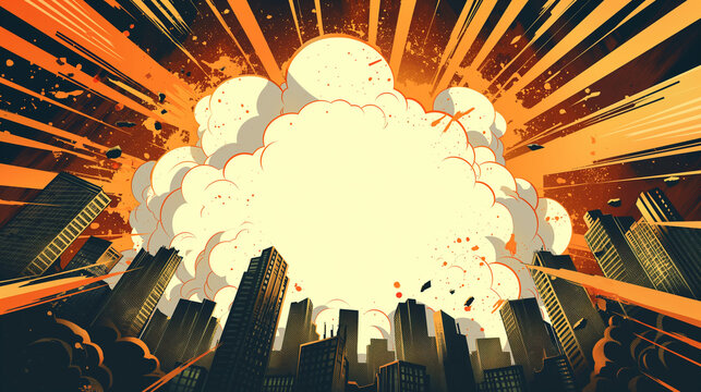 City in comic book style with explosion in the city with white speech bubble in center of frame