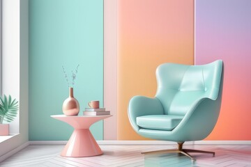 3d multicolored armchair, pastel colors, gradient background.