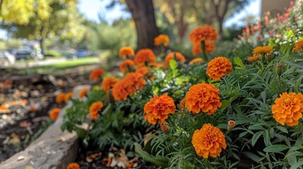 Orange flowers on marigolds blooming during the fall