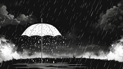 Black and white illustration depicting a rainy night with a single umbrella amidst heavy rainfall and dark clouds, creating a moody atmosphere.
