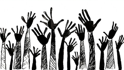 Illustration of isolated raised hands on white background can mean human unity, voting, help, concert, praise