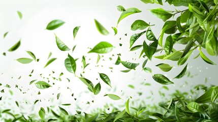 
Green tea leaves flying and falling isolated on background