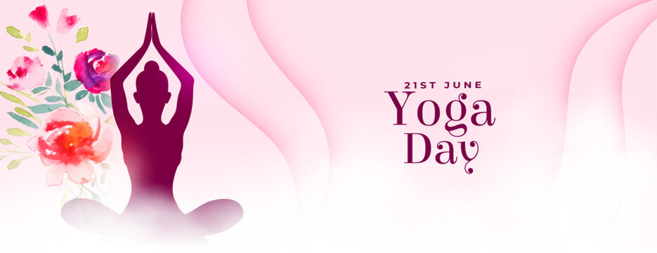21st june world yoga day pink banner with flower decor