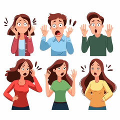 Surprised men and women. Vector character illustration set of surprised gesture