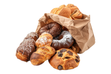 Fresh bakery items in a paper bag isolated on white background