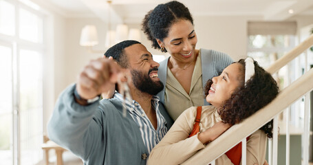 Parents, girl and happy with keys in new home or apartment, relocation and property purchase for...