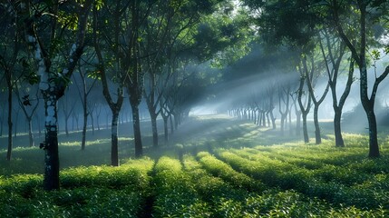 Dawn's Early Light: A Misty Rubber Plantation's Morning Ritual