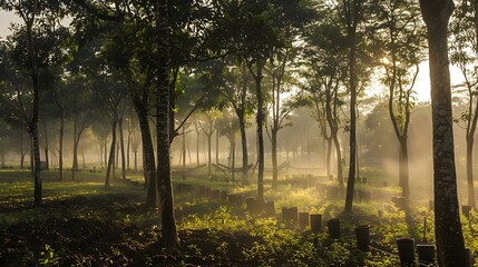 Obraz premium Dawn's Early Light: A Morning Mist Enshrouded Rubber Plantation