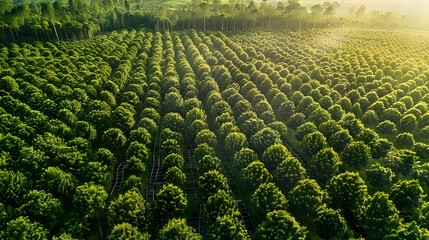 Fototapeta premium Vast Rubber Plantation Landscape Seen from Above: Meticulous Agricultural Scale Exposed