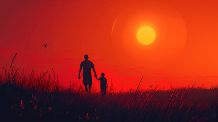 Father and Son Walking in a Field at Sunset with Silhouetted Birds, Father and son silhouetted against a vibrant sunset, walking through a grassy field with birds in the sky