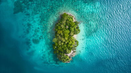 Aerial View of a Small Tropical Island Surrounded by Turquoise Waters, Aerial view of a small tropical island surrounded by turquoise waters, featuring lush greenery and palm trees