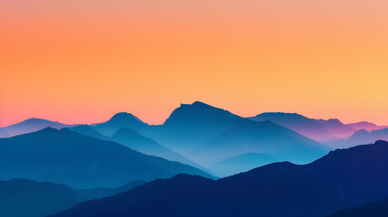 Serene Mountain Landscape at Sunset with Vibrant Sky, Serene mountain landscape at sunset with a vibrant sky. Layers of blue mountains under an orange gradient sky