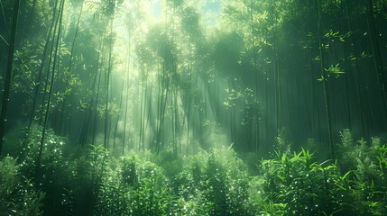 Fototapeta premium peaceful bamboo grove with sunlight in soft liquid hues