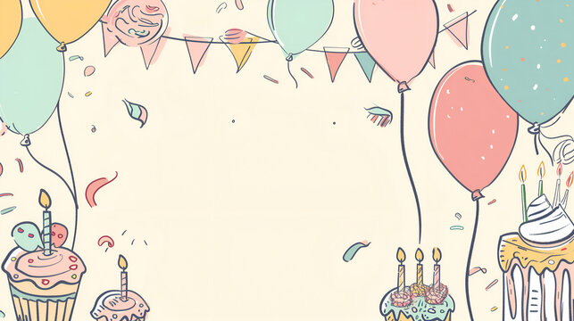 Hand-Drawn Birthday Celebration with Balloons and Cakes, Hand-drawn illustration of a birthday celebration with pastel balloons, cakes, candles, and festive decorations. Playful and cheerful design