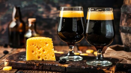 Obraz premium Irish Porter Cheddar paired with two glasses of dark beer