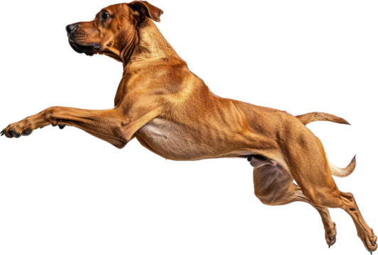 A Rhodesian Ridgeback dog's athletic leap , isolated on white background , generative Ai