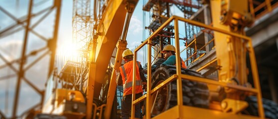 Detailed close-up of industrial construction workers operating heavy machinery on a skyscraper project
