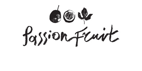 Passion fruit vector drawing in hand drawn style with rough charcoal and graphite texture. Black granadilla symbol for cosmetics, yogurt packaging, vegetarian food labels. Hand lettering passion fruit