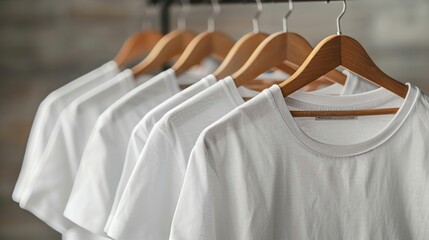 Plain white t-shirts displayed in a row on a hanger, Ai generated Images