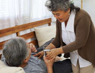 Happiness Care and concern of elderly couples in matters of health.