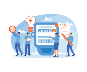 People pay electricity bills. Technician repair, meter installation, energy saving. Utility bills concept. Flat vector illustration.