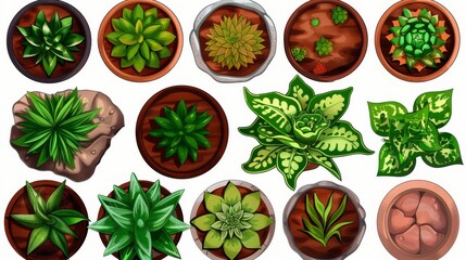 Green space illustration collection. 8 bit garden on white background.