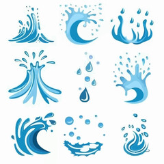 Water and drop icons. Blue waves and water splashes set vector isolated on white background