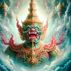 Thai-style giant image of Thao Wesuwan wearing sacred robes. Expressing ferocity and fearsomeness The background should be reminiscent of the heavenly kingdom. It adds to the essence of the mythical s