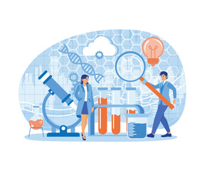 Scientists do DNA research in the laboratory. Biological and chemical experiments. Bio Technology concept. Flat vector illustration.
