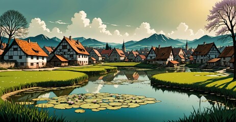 Naklejka premium village houses by a lake and mountains under clouds and sky. secluded river town in forest in summer. 