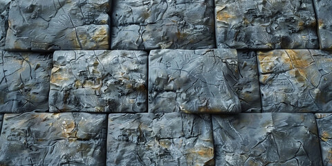 Fototapeta premium Close-up of textured stone wall with various shades of blue and brown, showcasing intricate natural patterns and rugged surfaces in a geometric arrangement.