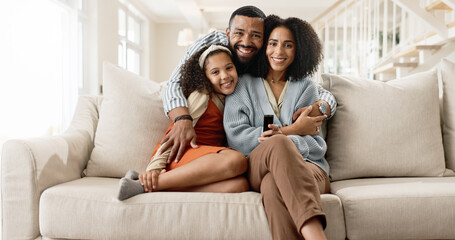 Mom, dad and child on couch for portrait with love or care, relax and family bonding for memory or...