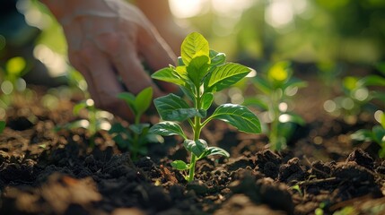 Close-up sapling planted by volunteers flat design, rural outreach theme, animation, vivid