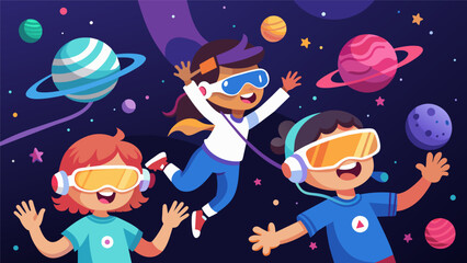 With the virtual reality headsets the children get to step into the role of an astronaut blasting off into space and exploring distant planets in. Vector illustration