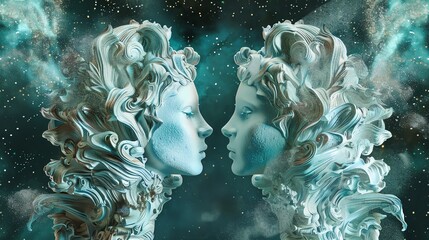 Gemini zodiac sign, twin figures, dynamic 3D render