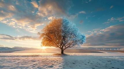 A stunning photo of a lone tree in a snowy landscape at sunrise, capturing the beauty of nature and transition from winter to spring.