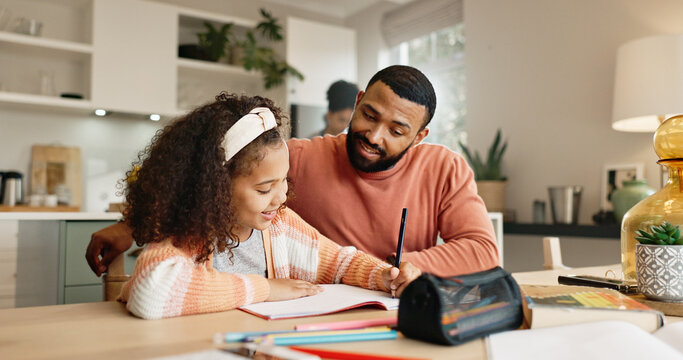 Girl, assignment and kitchen for education, learning and growth for future or knowledge. Dad, student and house for help, studying and support or home school for development or coloring assessment