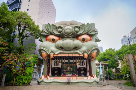 Osaka, JAPAN - November 10 2023 : Namba Yasaka Shrine (難波八阪神社, Namba Yasaka Jinja) or Lion Shrine in raining day. One of the most tourist attaction famous shrine in Osaka, Japan