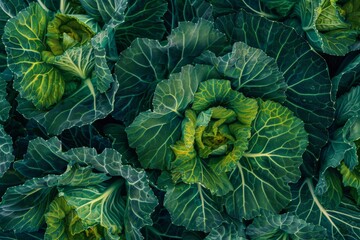 Closeup of green cabbage plants growing in a garden